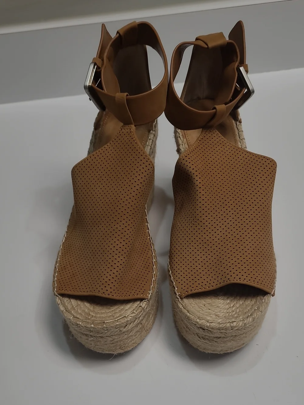 Marc Fisher Tan Leather Perforated Espadrille Platform Wedge Sandals - Size 8.5